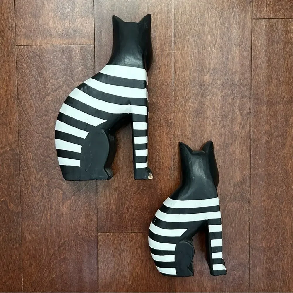 Laurel Burch Style Vintage Pair of Striped Black and White Cat Wooden Figurines